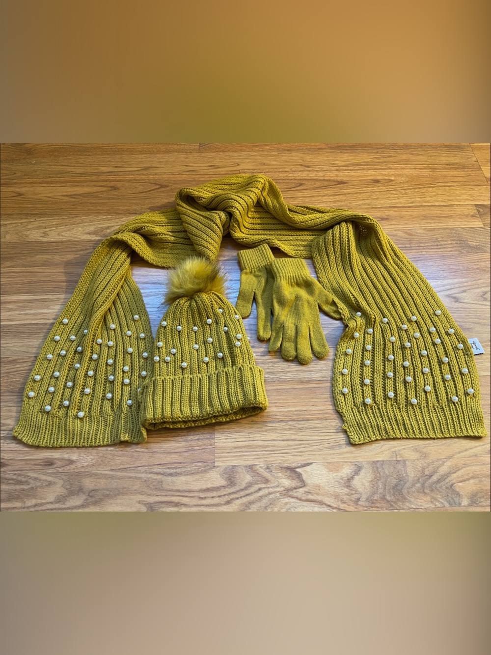 Pearl-Studded Knit Hat, Scarf & Gloves Set - Mustard Yellow